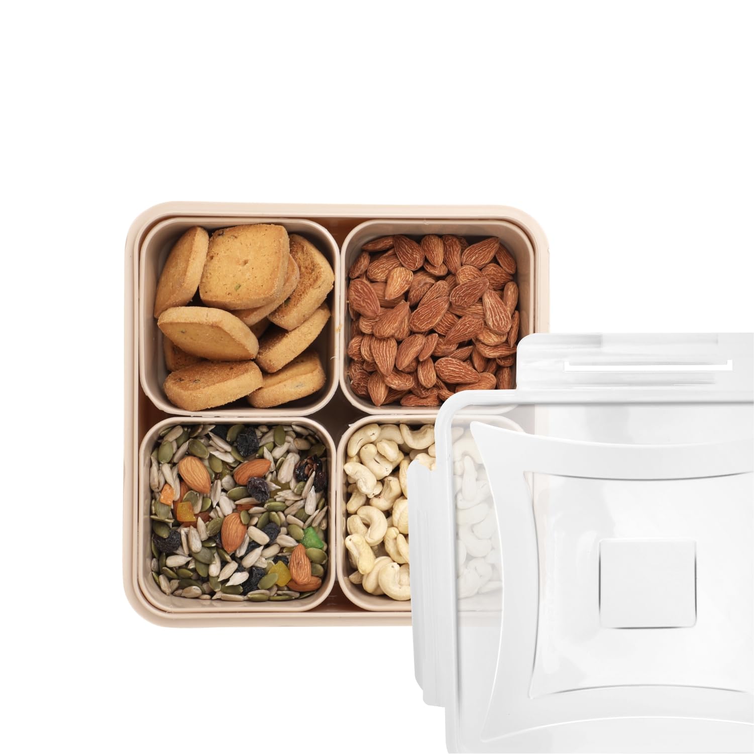 jaypee nutrix plastic airtight serving dry fruit container set of 4-1600 ml with square box removable container leakproof with silicon seal transparent dry food box diwali gift pack, beige