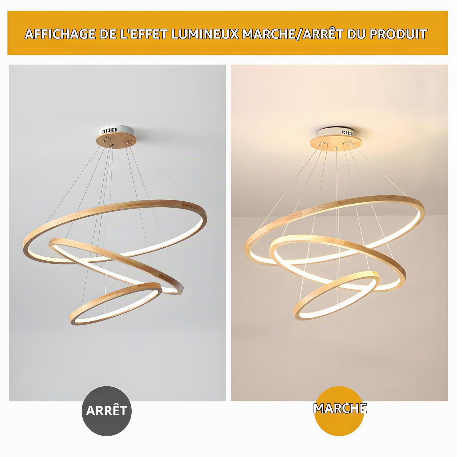 Lustres LED En Bois Plafonnier, Luminaire En Bois À 3 Anneaux À Intensité Variable, Lampe À Suspension Circulaire Réglable, Îlot De Cuisine Salle À Manger Salon Hall D'Entrée 【20+40+60cm】
