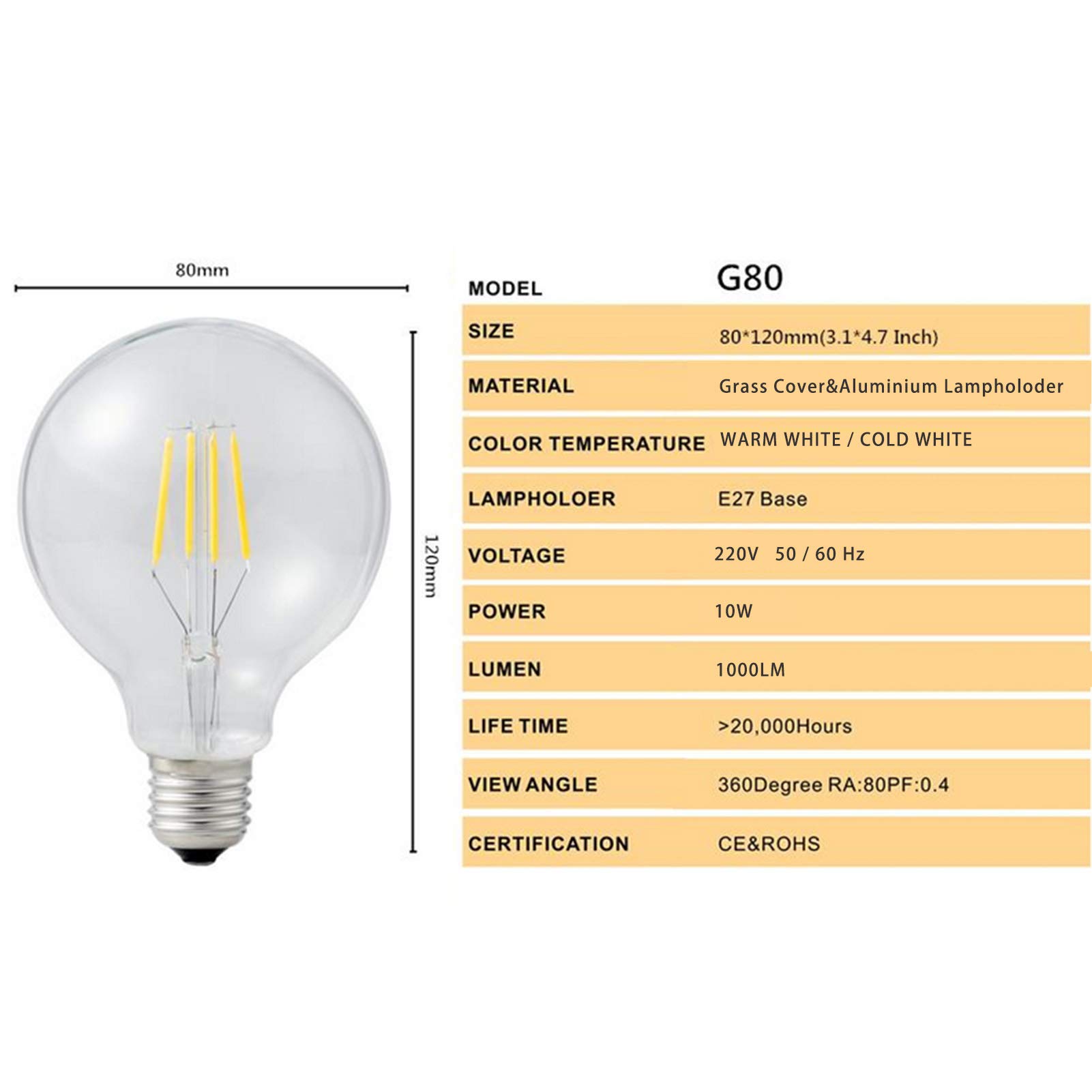 Paquete 4 bombillas LED Edison vintage G80 10 W, bombilla filamento luz LED, bombilla globo con boca rosca E27, equivalente a bombilla incandescente LED 100 W, CA no regulable