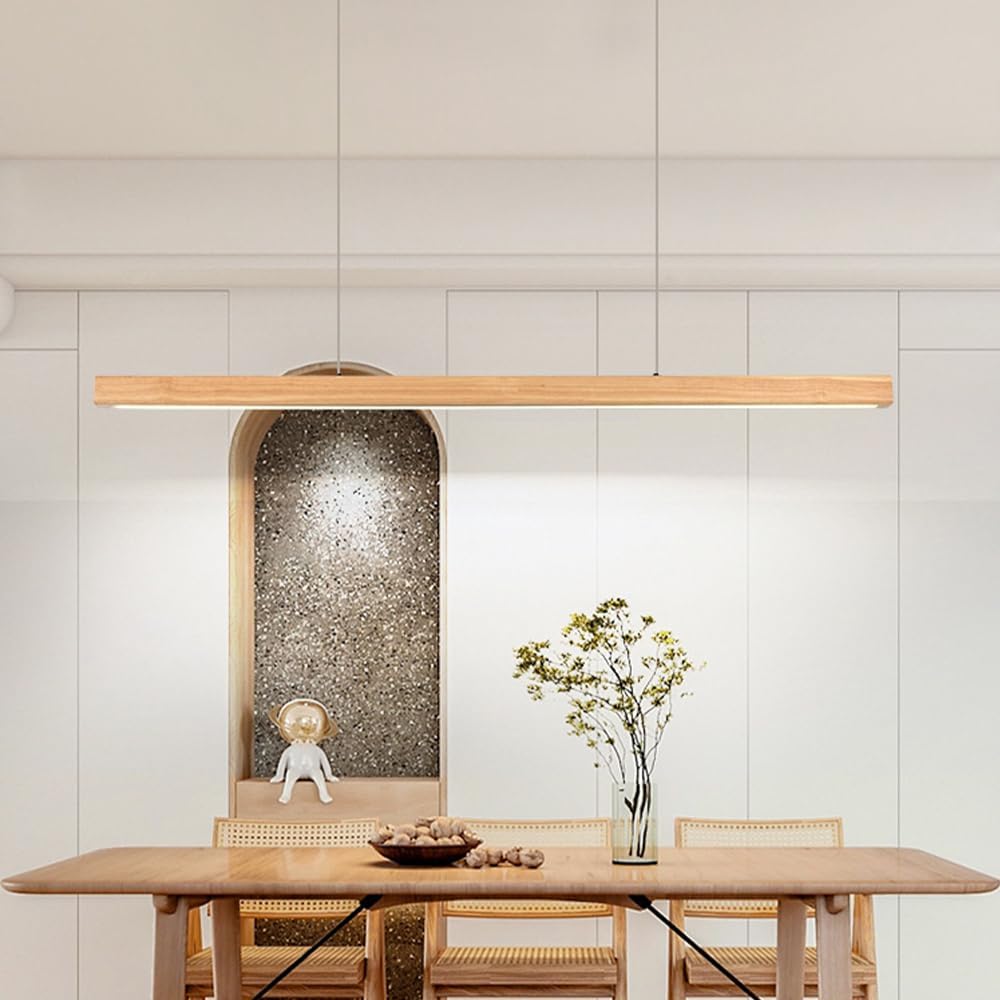 Natural Wood Led Linear Light Fixture, Modern Simple Long Strip Hanging Light - 3 Color Temp, Kitchen Island Pool Table Bedroom Bar Changing Ceiling Lights/Wood Color/60Cm