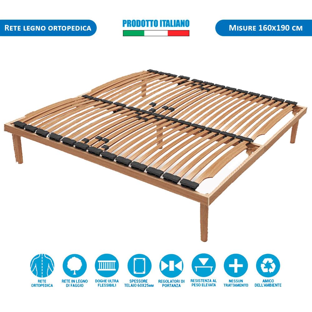 Comprarredo Rete legno 160x190 matrimoniale ortopedica fissa struttura in legno di faggio, rete letto con doghe flessibili curve, regolatori di portanza e rigidità e 5 piedi di cui uno centrale