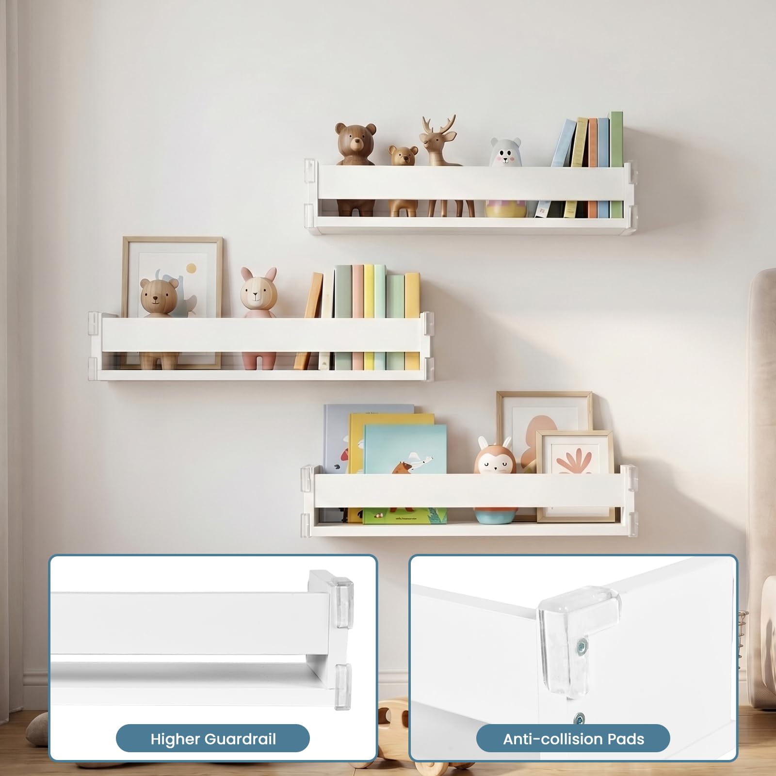 Wandregal für das Kinderzimmer, Bücherregal für Kinder und Wand, 3er-Set, Hängendes Bücherregal aus Holz,Schweberegale für Zeitschriften, Kinderzimmer, Wohnzimmer, Schlafzimmer oder Küche