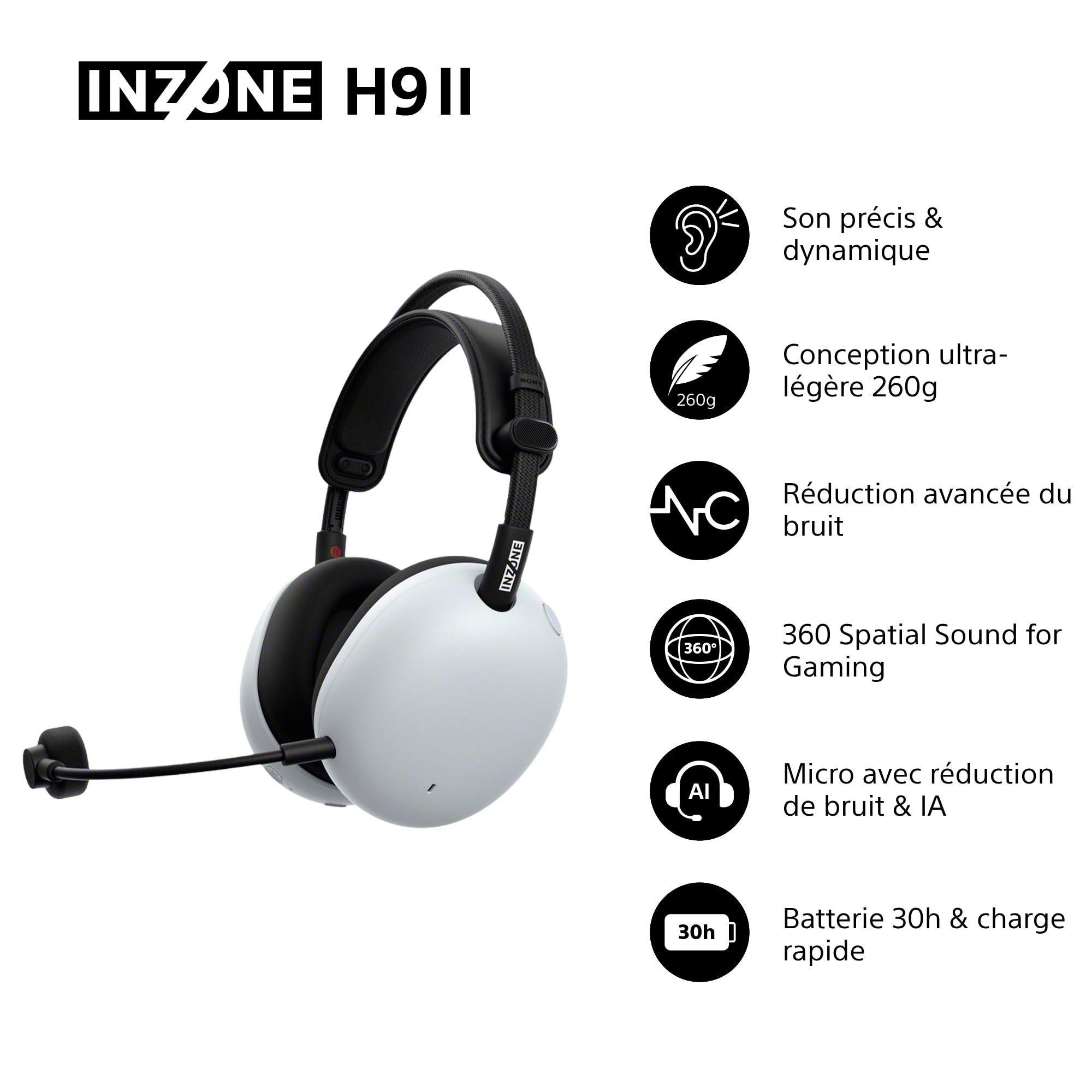Sony INZONE H9 II- Casque Gaming PC sans Fil à réduction de Bruit Sony, léger, Micro cardioïde IA détachable, 2,4 GHz et Bluetooth, Housse Souple, pour PC, PS5, Switch et Mobile, Blanc