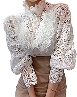 Women's Elegant Lace Crochet Blouse Victorian Long Sleeve Button-Down Shirt Casual Tops S-XXXL