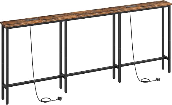 HOOBRO 200 cm Slim Console Table with 2 Charging Stations, Narrow Behind Sofa Table, Long Hallway Table with Adjustable Feet, for Hallway, Living Room, Rustic Brown and Black EBF252KXG01