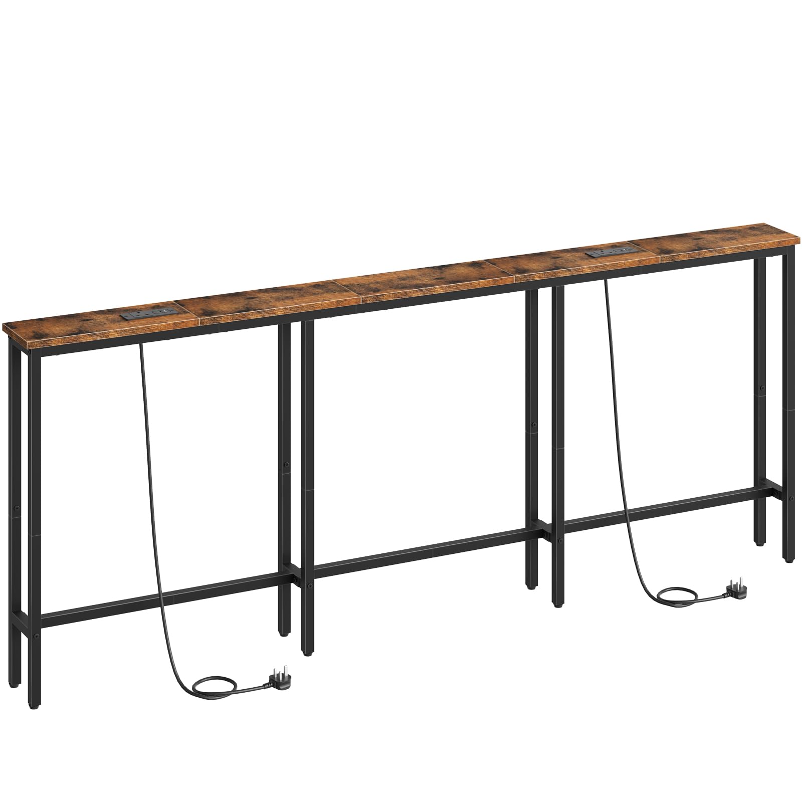 HOOBRO 200 cm Slim Console Table with 2 Charging Stations, Narrow Behind Sofa Table, Long Hallway Table with Adjustable Feet, for Hallway, Living Room, Rustic Brown and Black EBF252KXG01
