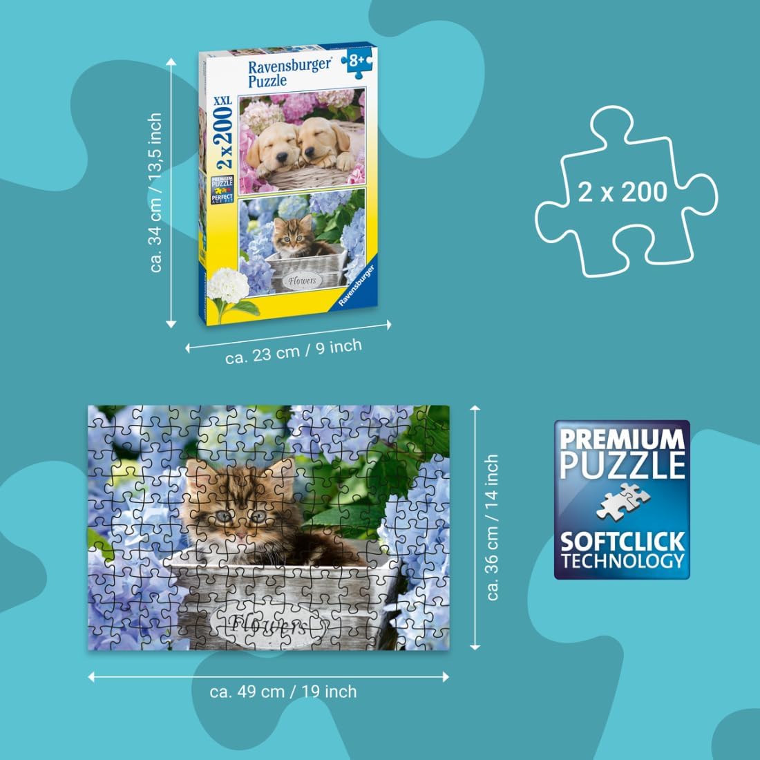 Ravensburger - Puppies & Kitties - 200 Piece Jigsaw Puzzle 2 Pack - XXL Pieces - Easier Assembly - Adorable, Huggable Pups & Kittens - Premium Quality - Ideal Gift - Screen-Free Fun - Children Age 8+