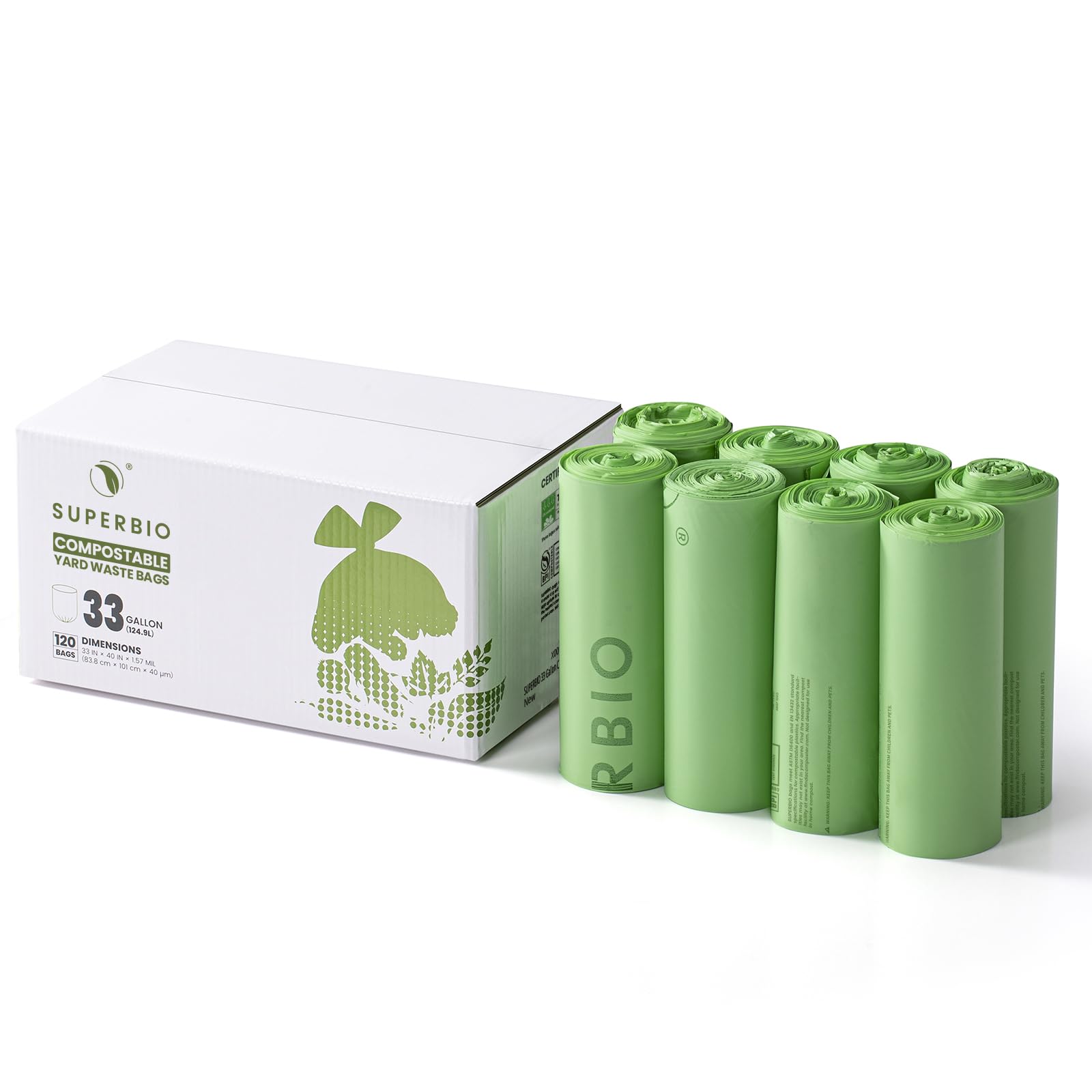 SUPERBIO BPI and OK Compost Industrial - Bolsas de basura compostables de 33 galones, para césped y hojas, extragruesas de 1.57 mil (120 unidades a granel), BPI y OK compost INDUSTRIAL
