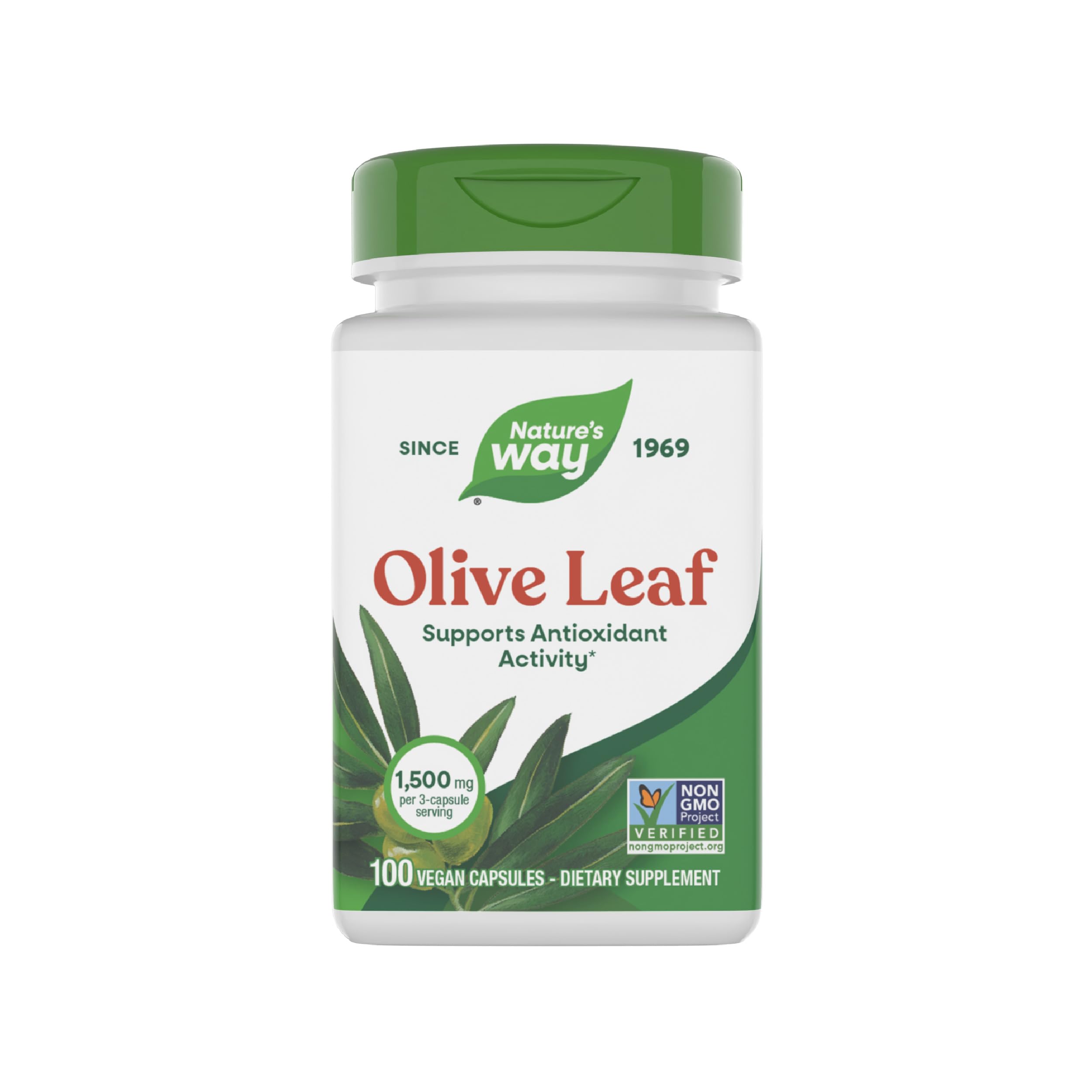 Olive Leaf - 1,500 mg per 3-Capsule Serving - Supports Antioxidant Activity* - Olive Leaf Herbal Capsules - Non-GMO Project Verified - Gluten Free - 100 Vegan Capsules
