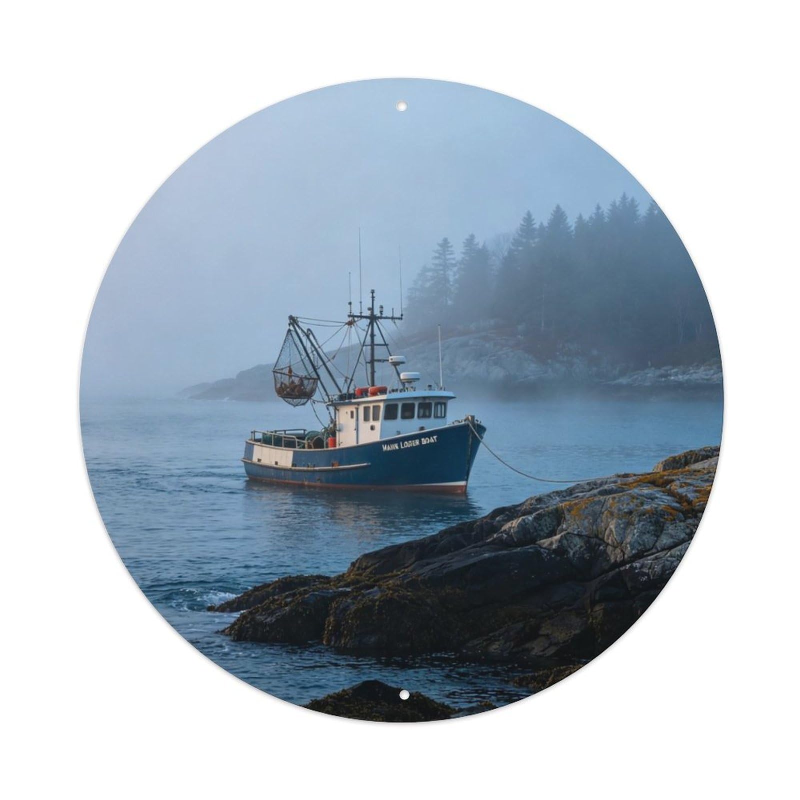 Maine Lobster Boat Foggy Coast Metal Tin Sign Plaque