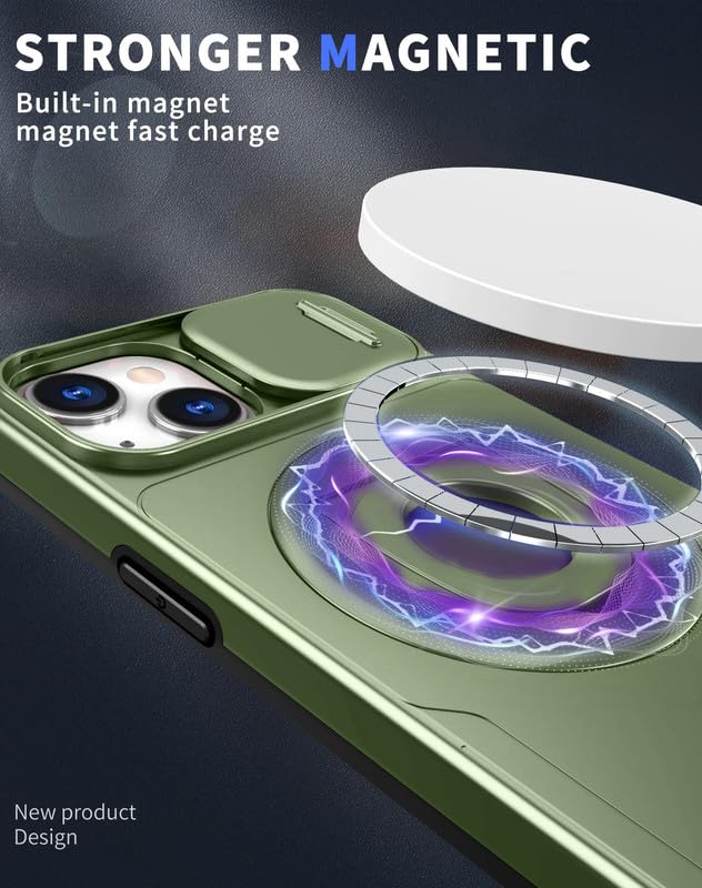 Image of LuxuryKase MagSafe Shockproof Rugged Back Case for iPhone 14 Plus | Finger Ring Kickstand & Sliding Camera Cover | Military Drop Protection | Wireless Charging Support - Green