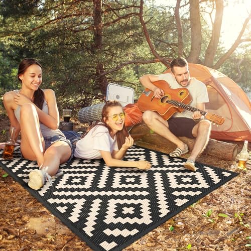 Image of GENIMO Outdoor Rug 3'x5' Waterproof for Porch, Plastic Door Mat Black Beige