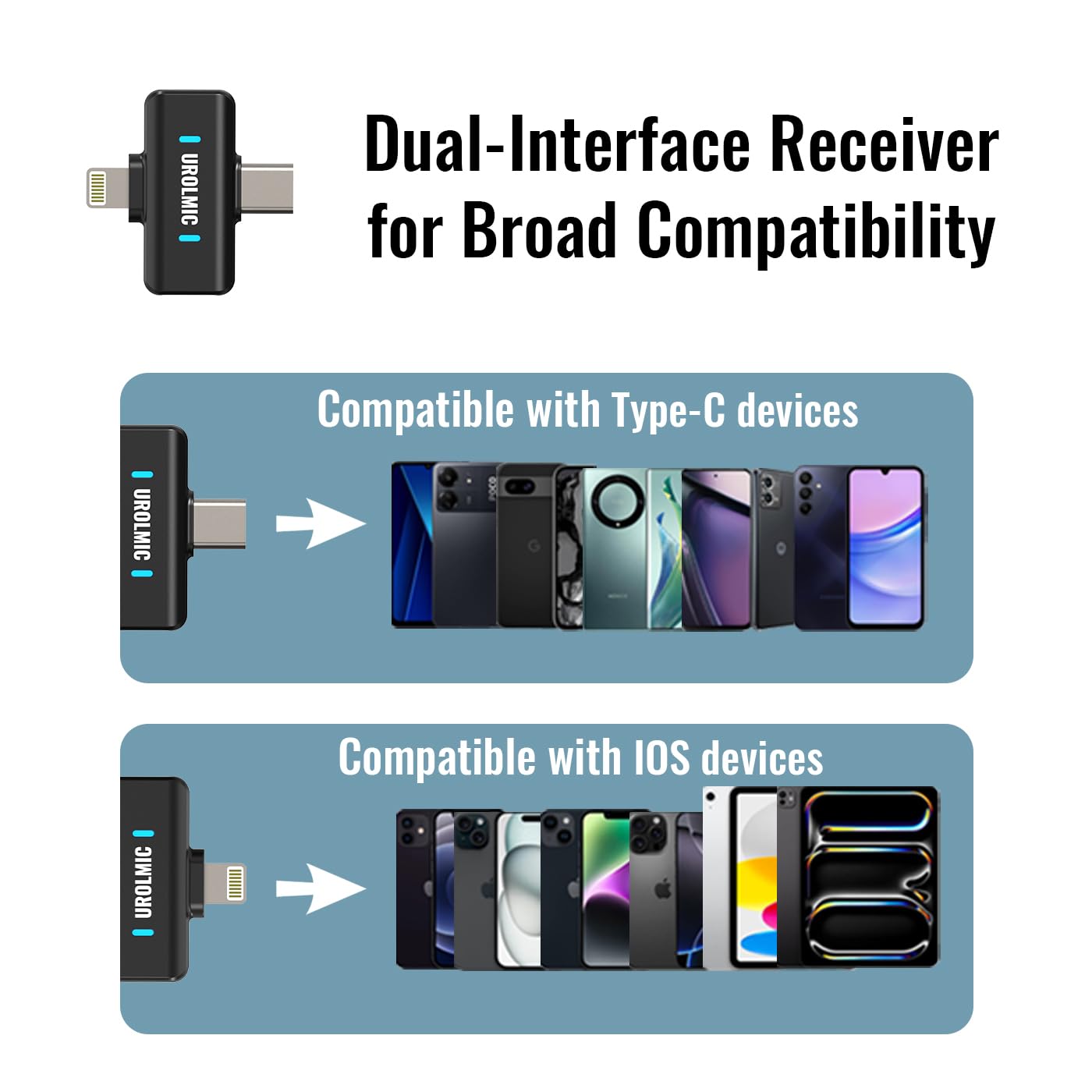 UROLMIC 2-in-1 draadloze lavalier-microfoon, 40 uur batterijduur, professionele ruisonderdrukking, magnetisch dragen, 25 m transmissie, compatibel met iPhone en Android voor opname