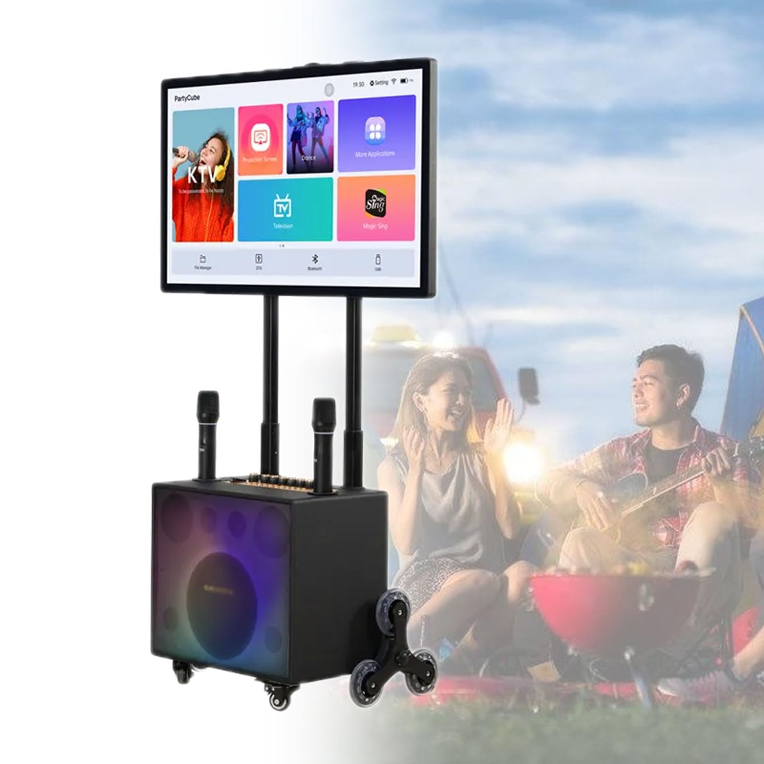 Karaoke Bluetooth Portatile, Set KTV Bluetooth Touch Screen da 32" con 2 microfoni Wireless, Luce LED Colorata, Macchina Professionale Pieghevole (Nero)