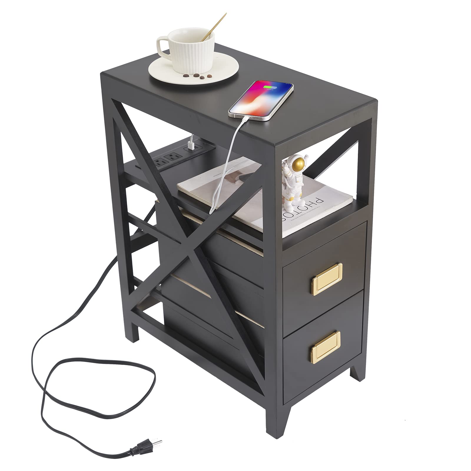 Fully Assembled Narrow Side Table with Charging Station, No Assembly Narrow Nightstand with USB Ports, Pre Assembled Skinny End Table with Outlets for Living Room, Bedroom-Black