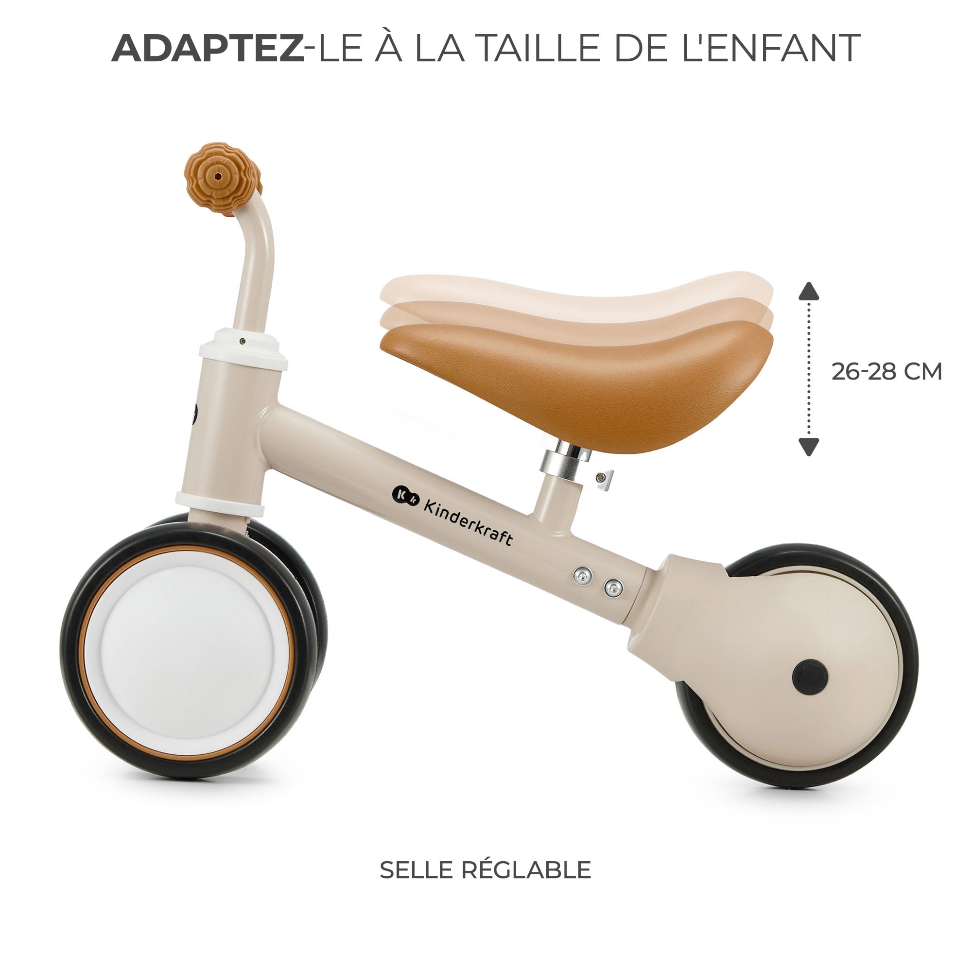Kinderkraft Cutie Draisienne en Métal, Vélo 3-en-1, Vélo sans Pédales, Vélo Bébé, Siège Réglable (de 26 à 28 cm)., Sûr et Pratique, Poids léger, Trois Roues, 1 an à 15 kg, Beige