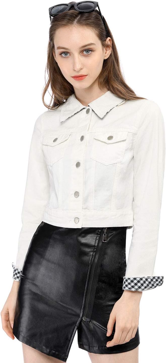 Allegra K Women's Button Down Denim Jacket Check Cuffs Casual Cropped Jean Jackets - Image 3