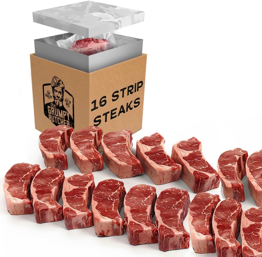Grumpy Butcher New York Strip Steak -16 Beef Steaks (10 oz) - Short Loin Thick Cut Prime Steak House Quality Meat