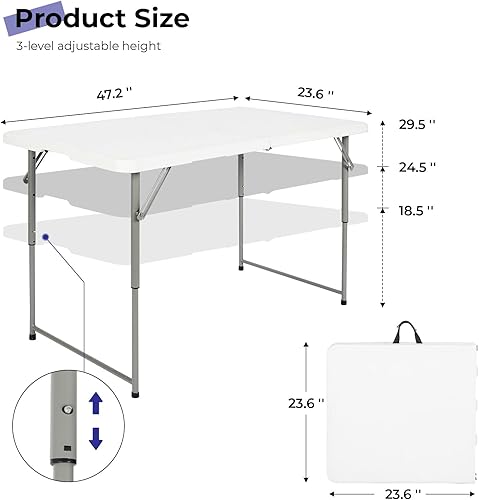 Miniatura 3 de Folding Table 4 Foot Portable Heavy Duty Plastic Fold-in-Half Utility Table Small Indoor Outdoor Adjustable Height Folding with Carrying Handle,
