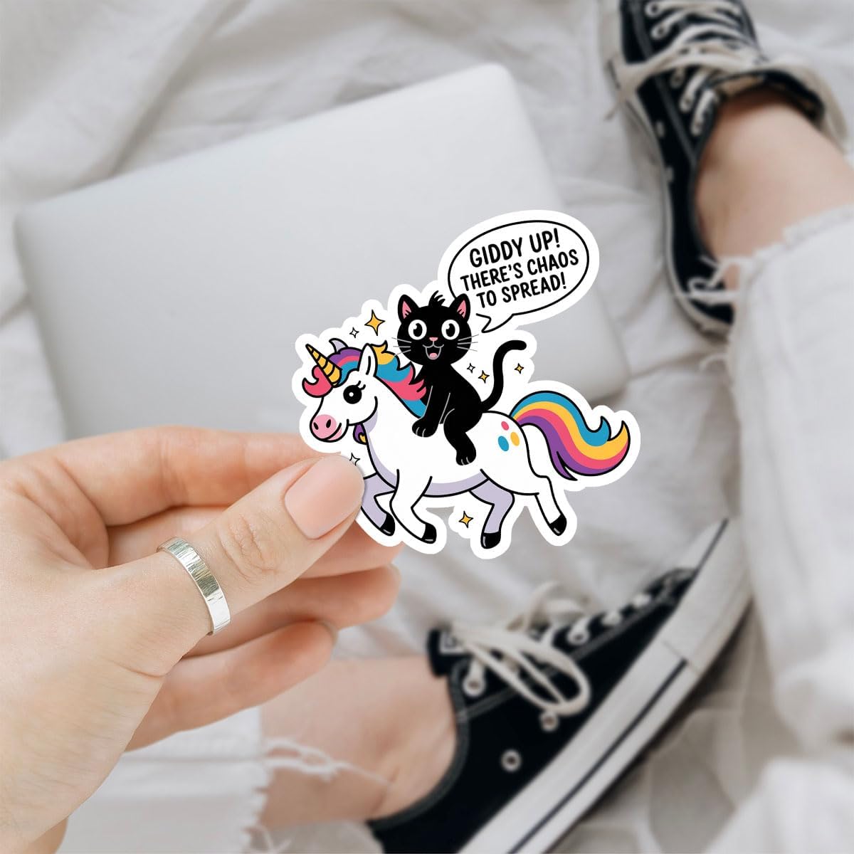 3Pcs Giddy Up There's Chaos to Spread Sticker Funny Cat Riding Unicorn Gift image 2