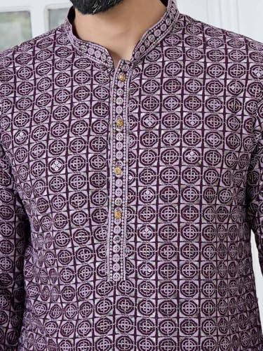 Image of See Designs Men's Full Sleeve Mandarin Collar Men Embroidered Straight Long Kurta - Festive Collection