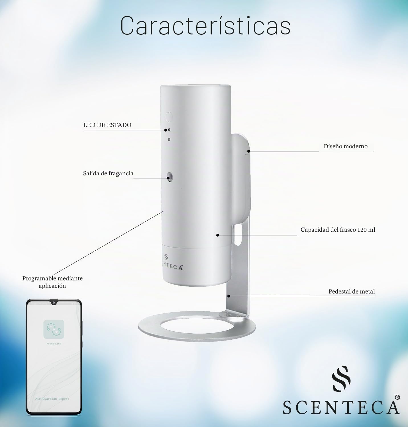 SCENTECA Difusor eléctrico Mod. AD-BC3, Fragancia incluida Té Blanco y Flores de Primavera, difusor de aceites Esenciales por nebulización sin Agua, Ideal para casa y Oficina (50 ml)