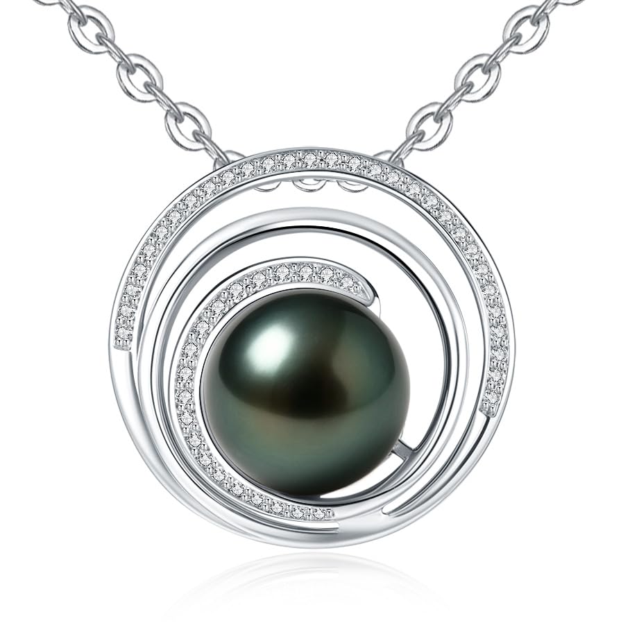 Genuine Tahitian Black Pearl Necklace for Women, 9-11mm AAAA Seawater Pearl with Sterling Silver Moissanite Pendant, Jewelry Gift for Wife, Mom, Girlfriend, Wedding Anniversary, Birthday, Christmas