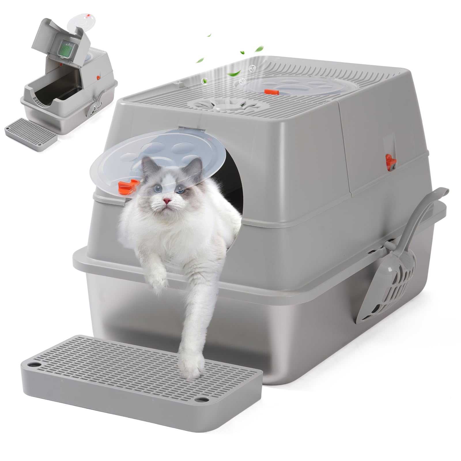 Lettiera per gatti in acciaio inox – coperta, adatta per gatti piccoli, medi e grandi, facile da pulire, controllo degli odori, superficie antiaderente, rimovibile, flip top a 180°, grigio