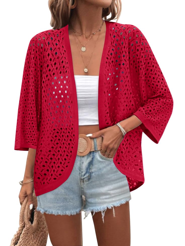 Image of Zeagoo Womens Summer Crochet Cardigan Sweaters 3 /4 Sleeve Batwing Kimono | Lightweight Short Sleeve Knit Tops,2026 Trendy Open Front Outfits,Spring Fashion Cute Clothes,Beach Vacation Boho Cover Ups