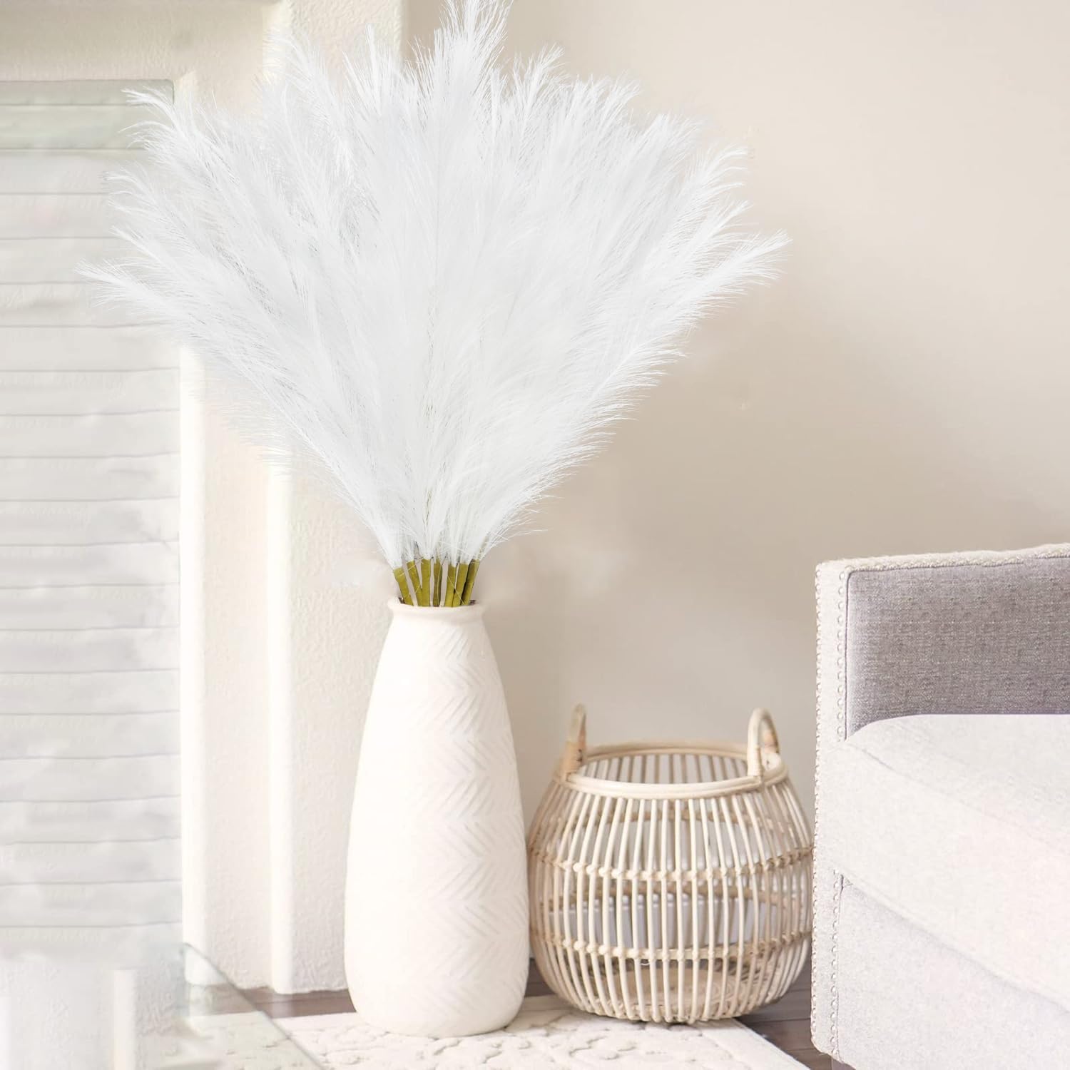 Condition photo showing New/Like New for 35" white faux pampas grass decor, 8pcs large tall fluffy artificial pompous grass branches for floor vase filler flower arrangement for home wedding white 8 pcs