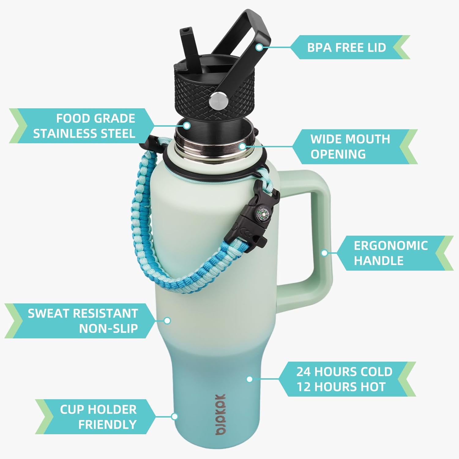 BJPKPK Insulated Water Bottles with Straw Lid, 35oz Metal Water Bottle with 2 lids & Paracord Strap, Double Wall Stainless Steel Tumbler with Handle, Reusable Cups, Mugs, Thermo, Mint - Image 2