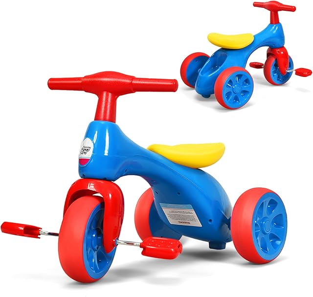 COSTWAY Kids Tricycle, Baby Balance Bike with Pedals, Storage Box and BB Sound, 3 Wheels Toddler Trike for 1 2 3 Years Old Boys Girls (Blue+Red)