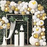 💝【Arco de Globos】 3 globos dorados de 18 pulgadas, 3 globos blancos de 18 pulgadas, 20 globos dorados de 10 pulgadas, 30 globos blancos de 10 pulgadas, 10 globos dorados de 5 pulgadas, 15 globos blancos de 5 pulgadas, 5 globos de confeti dorados de 12 pulgadas, 8 piezas de mariposa, 1 cinta, 1 punto de pegamento, 1 herramienta para atar globos y 1 tira de arco.