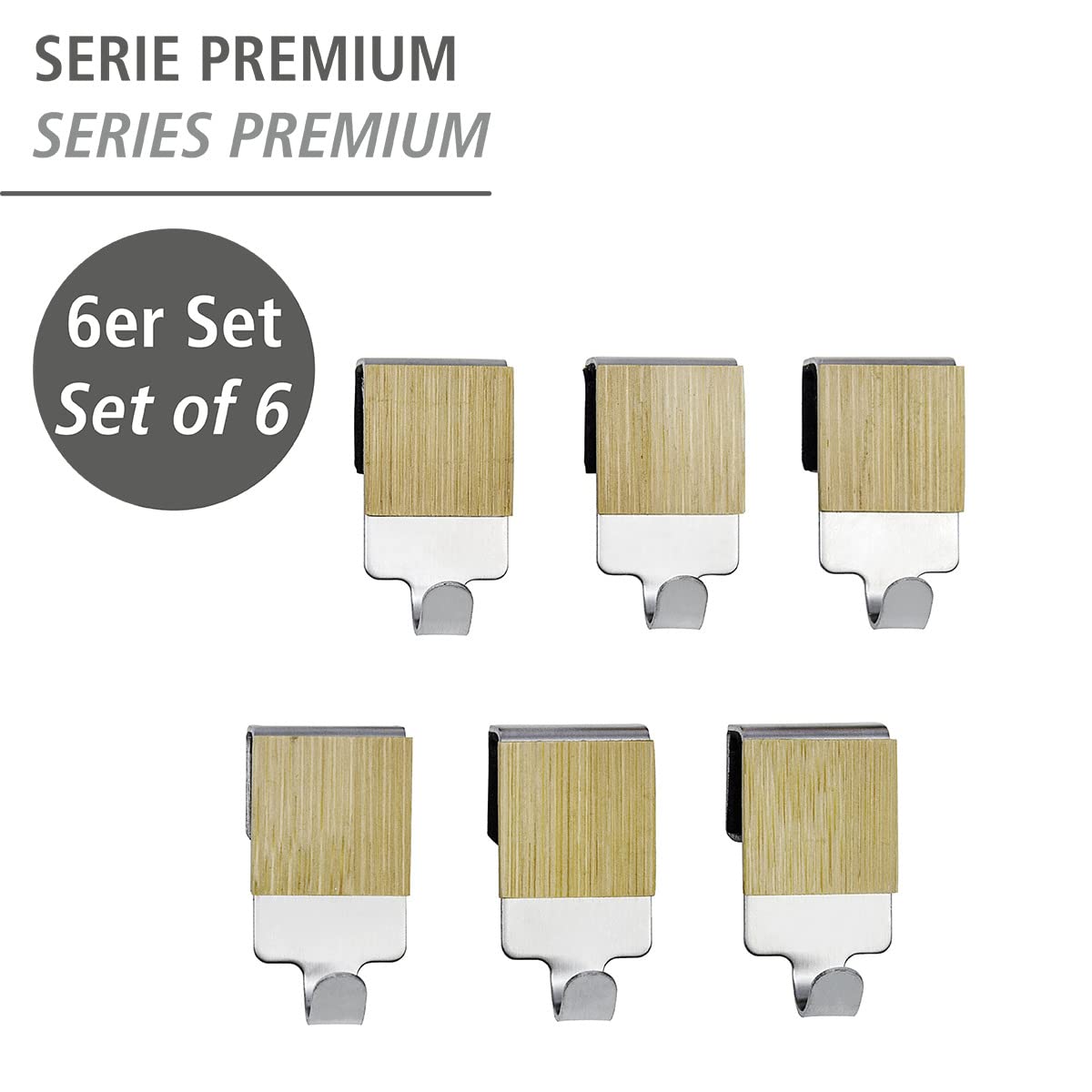 WENKO Haken mit Bambus Premium 6er Set, 6er Set, Küchen-Haken für Reling