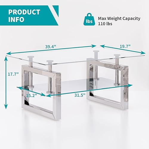 Miniatura 2 de BALUS Glass Coffee Table for Living Room, Clear Center Rectangular Table with Tempered Glass and Stainless Steel, Silver Mirror Finish Legs