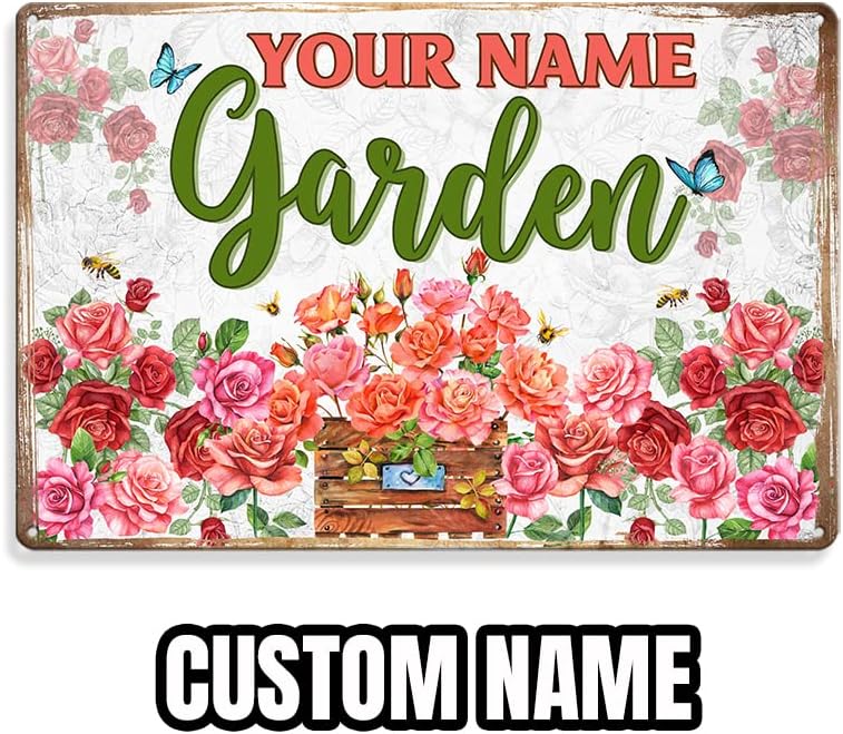 MeMate Rose Garden Signs Metal, Garden Sign Personalize, Custom Name Metal Garden Signs Outdoor Decor, Flowers Garden Plaque for Women Mom Grandma, Rustic Decorations for Potting Shed, She Shed