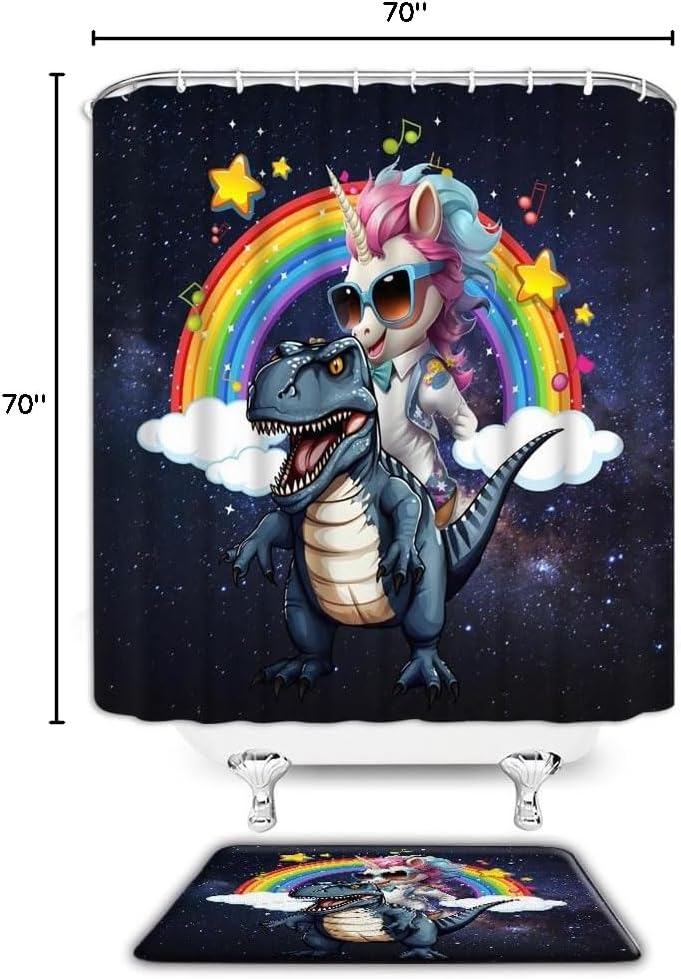 2 Pcs Shower Curtain Set for Bathroom Unicorn Riding Dinosaur Funny Cute Cartoon Animal Fantasy Colorful Rainbow Cloud Planet Cool Boys Fabric Shower Curtains Bath Mat Bathroom Decor