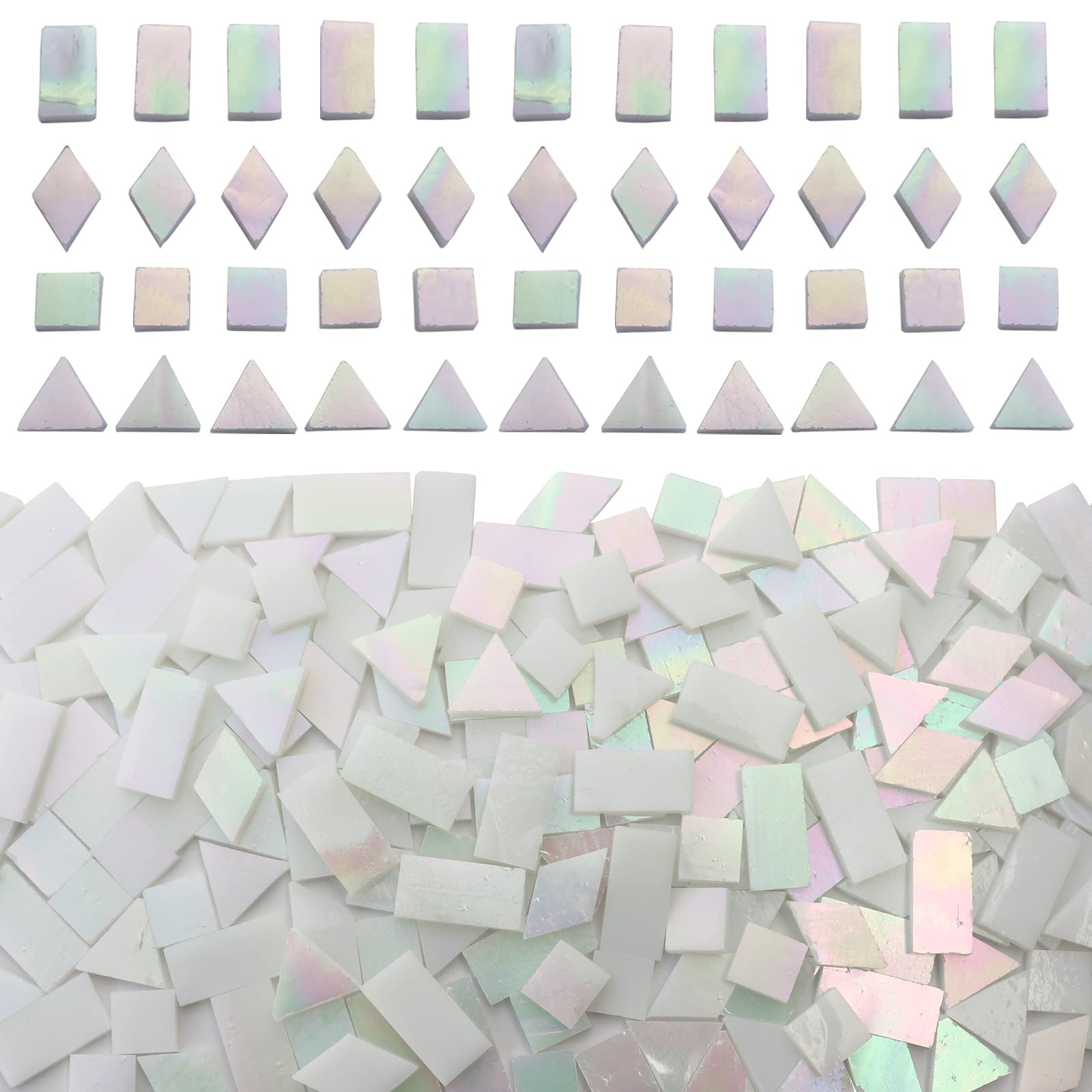 KALUCION Iridescent White Glass Mosaic Tiles for Crafts, 280 Pcs Mixed 4 Shapes Stained Glass Sheets, Mosaic Kit for Adults Kids, Supplies for Mosaics