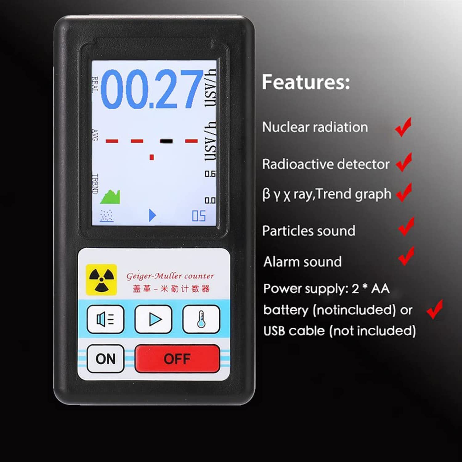 Detector de radiación nuclear de contador Geiger, probador de rayos X de rayos gamma beta, detector radiactivo, medidor de mármol de dosímetro personal medidor dosímetro portátil,Black