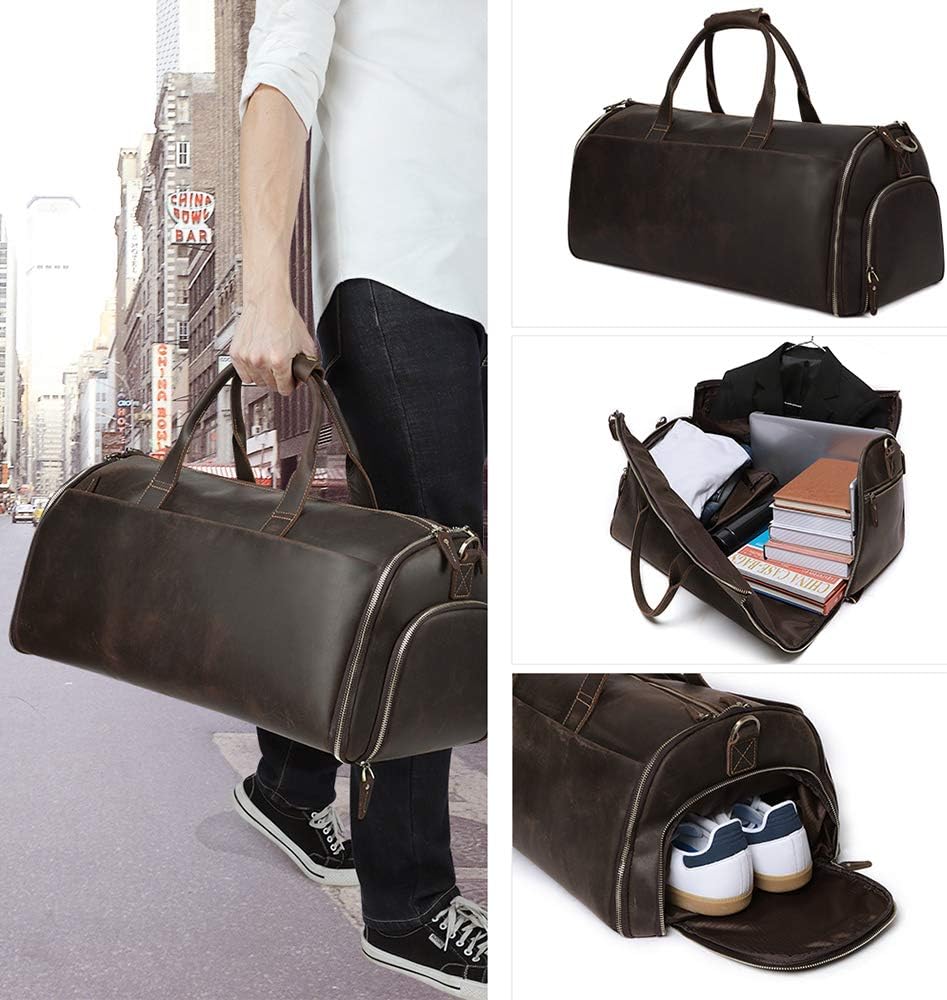 Garment Bag for Travel, Convertible Carry on Garment Duffel Bag Full Grain Leather Duffle Bag for Men,2 in 1 Hanging Suitcase Suit Business Travel Bag, Gifts