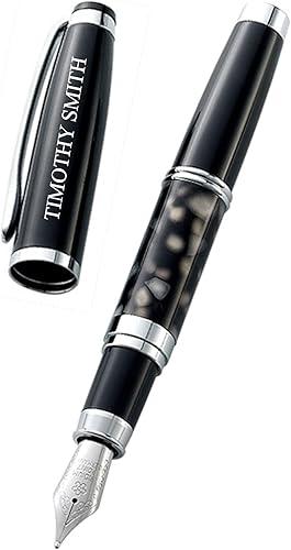 Pluma estilográfica personalizada de esmalte plateado y negro, pluma de punta media, pluma estilográfica grabada personalizada, regalo de padrinos