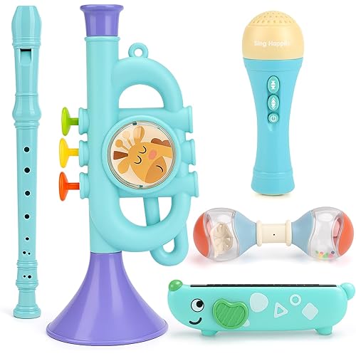 Musical Toys for 2 3 Year Old Boy Girl Birthday Gifts, 5 in 1 Montessori Musical Instruments for Toddlers 2-4 with Trumpet/Microphone/Flute/Harmonica, Preschool Learning Toys for Baby 18+ Months