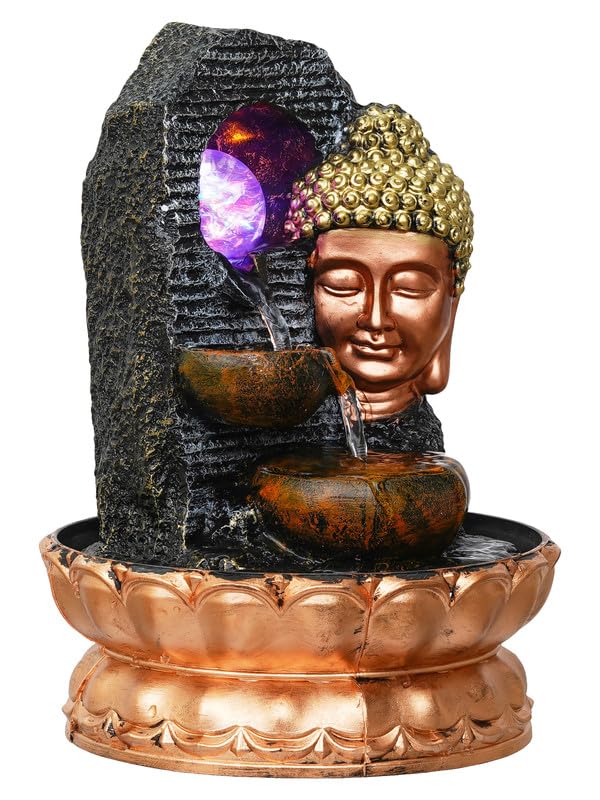 Image of Golden Brown Polyresin Tabletop Side Face Buddha Indoor Water Fountain for Home Decor with Multi LED, Speed Control Pump and Crystal Ball (Size: 20 x 22 x 29 CM | Weight: 1120 Gram)