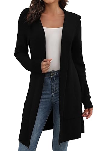 JUOIANTANG Damen Einfarbige Lange Strickjacke mit Taschen und Langarm Offene Form Kapuzencardigan aus Feinstrick S-XXL - Schwarz - S