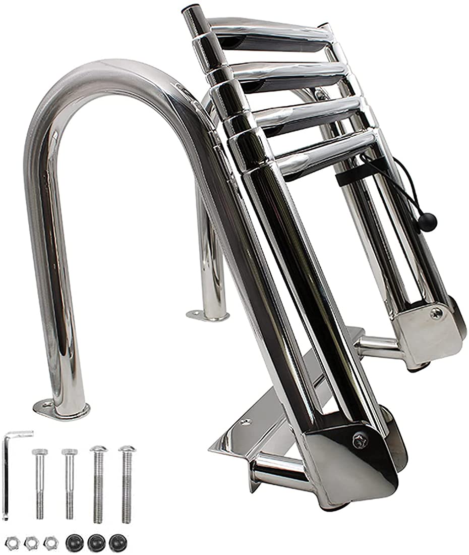 Scaletta da Bagno Scala Telescopica per Barca 4 Gradini Piscina/Barca, Pontoon Marine Pieghevole Yacht Pontone con Ingresso A Poppa Maniglie E Ampio Pedale