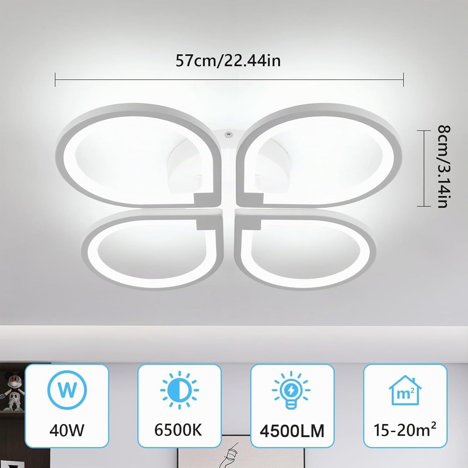 Comely Luz de techo led cuatro pétalos, lámpara de techo 40W 4500LM, luz de techo moderna creativa para sala de estar cocina baño dormitorio pasillo, blanco frío 6500K, diámetro 57cm, blanco