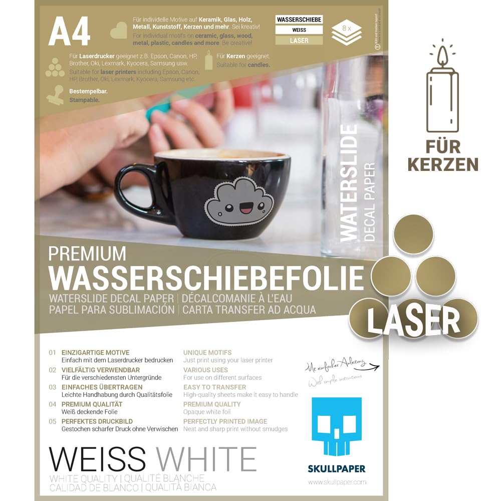SKULLPAPER® diapositiva ad acqua Film bianco, sottile carta A4 per ceramica, vetro, legno, candele, metallo, plastica, modellismo - per stampante laser (8 fogli)
