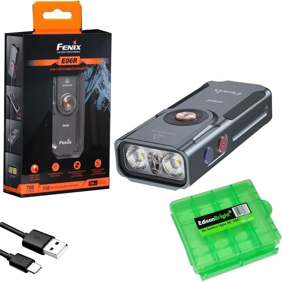 E06R 700 Lumen USB Rechargeable LED Keychain Flashlight/UV/Blacklight with EdisonBright Accessory case Bundle (Grey)