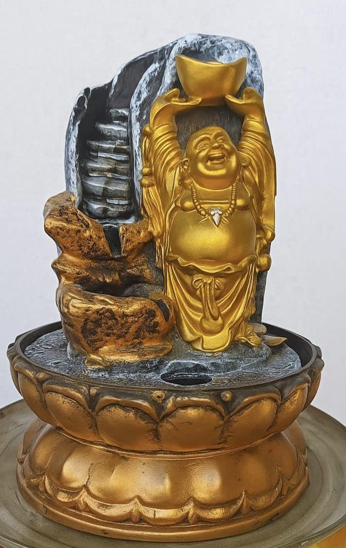 New Laughing Buddha Fountain Statue, Gold, Resin, Lotus Base with Rock Waterfall, Feng Shui Home Decor, 10 INCH-image-6