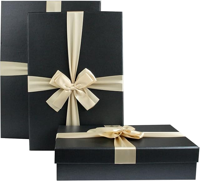 Emartbuy Set of 3 Rigid Luxury Rectangle Shaped Presentation Gift Box, Black Box with Lid, Brown Interior and Gold Satin Decorative Ribbon